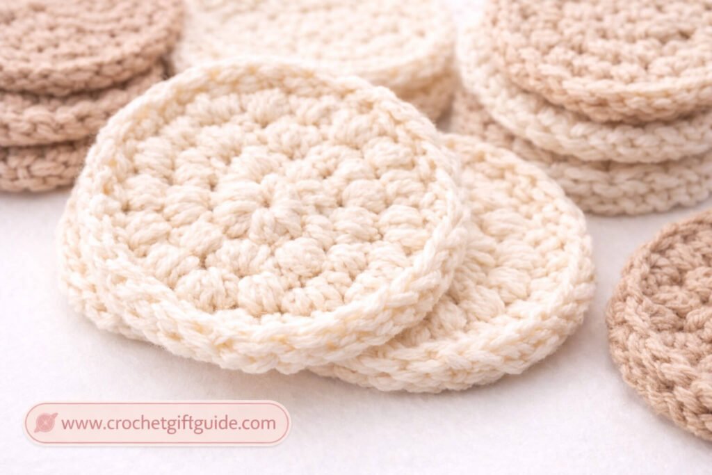 Close-up texture of reusable crochet face scrubby made with soft cotton yarn