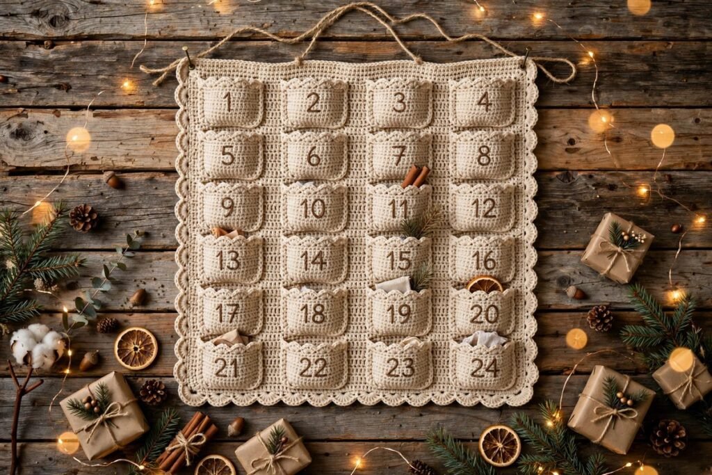 Handmade crochet advent calendar with 24 numbered pockets in red, green, and cream yarn