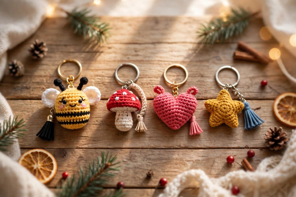 Crochet amigurumi keychain gifts: a row of colorful tiny crochet keychains and bag charms — a bee, a mushroom, a heart and a star — on a light background