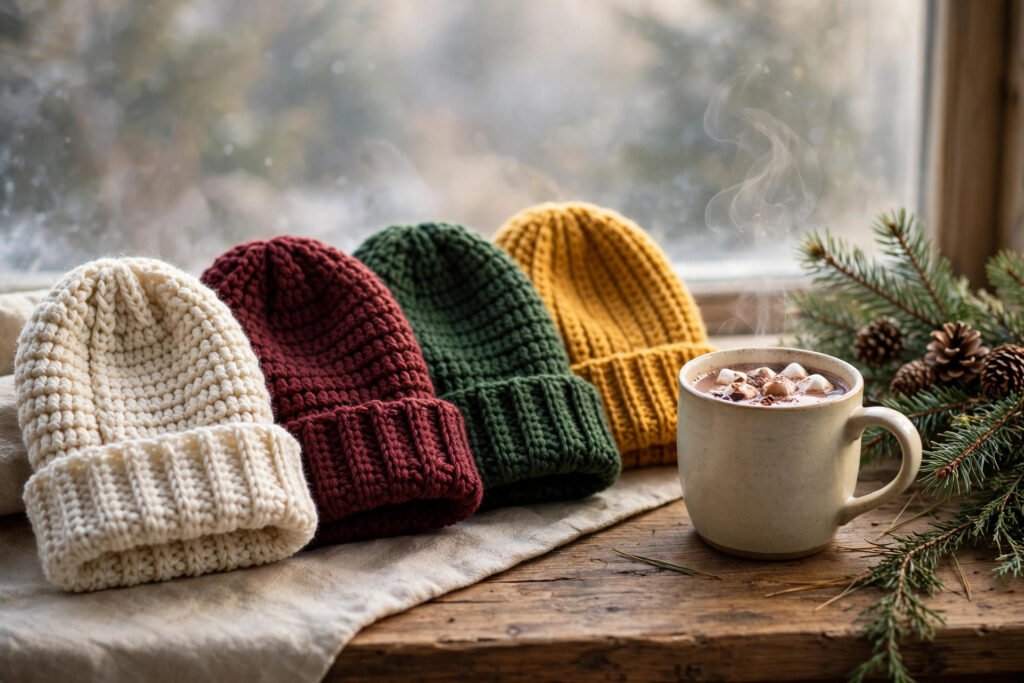 Crochet beanie gifts in cream, burgundy, forest green and mustard arranged on a wooden table