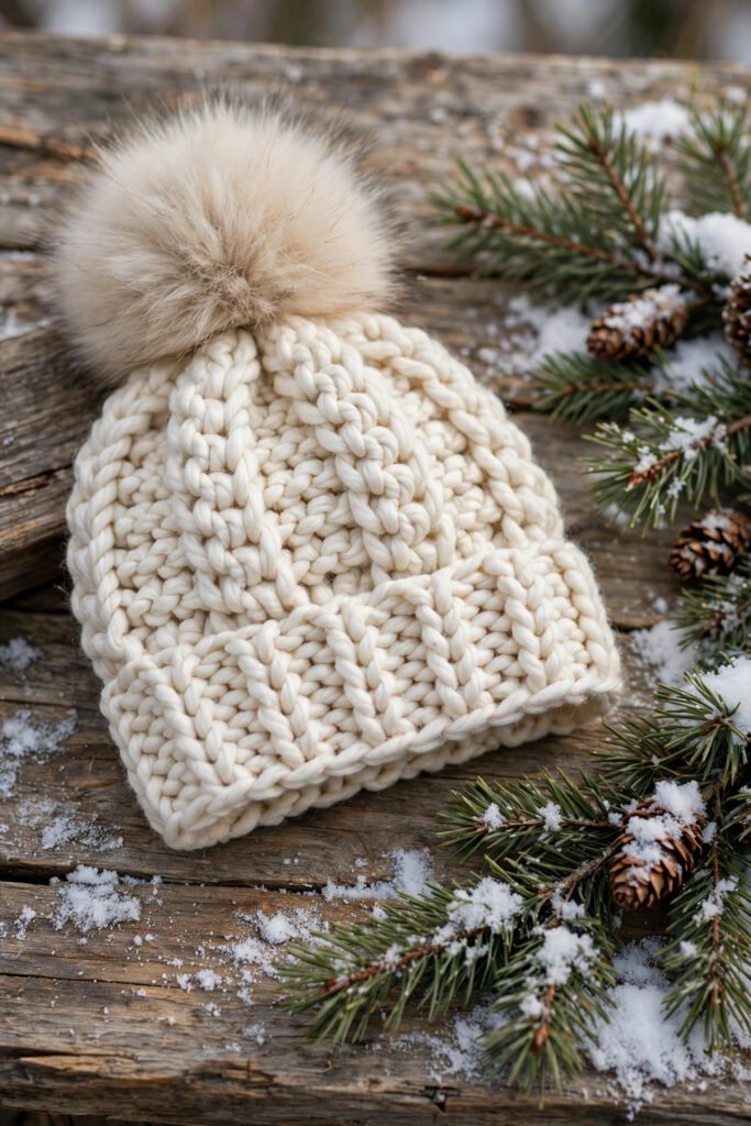 Chunky cream crochet beanie with a faux-fur pompom — crochet beanie gifts portrait