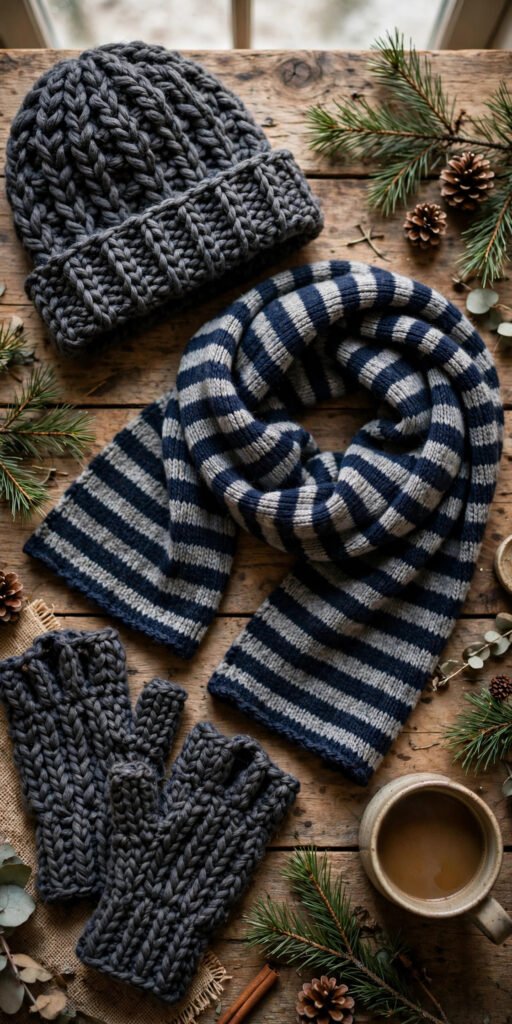 Crochet Christmas gifts for dad: beanie, scarf and fingerless gloves on a wooden table