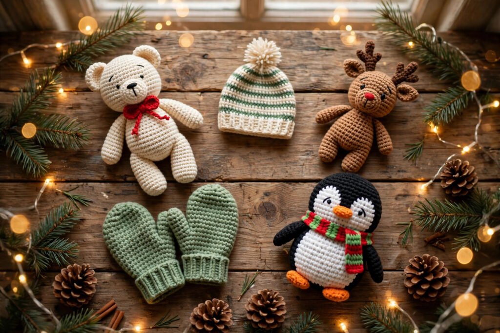 Crochet Christmas gifts for kids — handmade amigurumi toys and cozy winter wearables