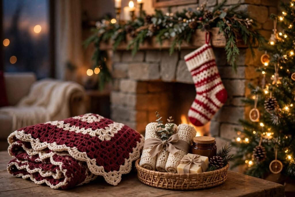 crochet Christmas gifts for mom styled by a fireplace — festive shawl, Christmas stocking and holiday spa gift set