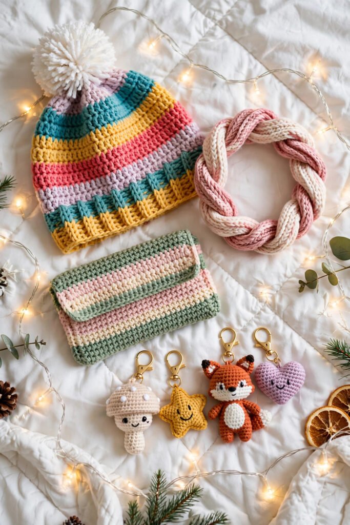 Crochet Christmas gifts for teens: beanie, phone pouch, bag charms and headband