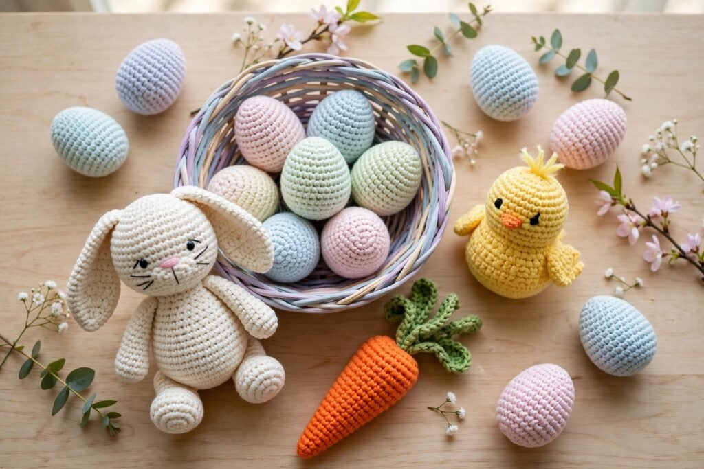 crochet easter gifts — crochet bunny, pastel eggs and chick in an Easter basket