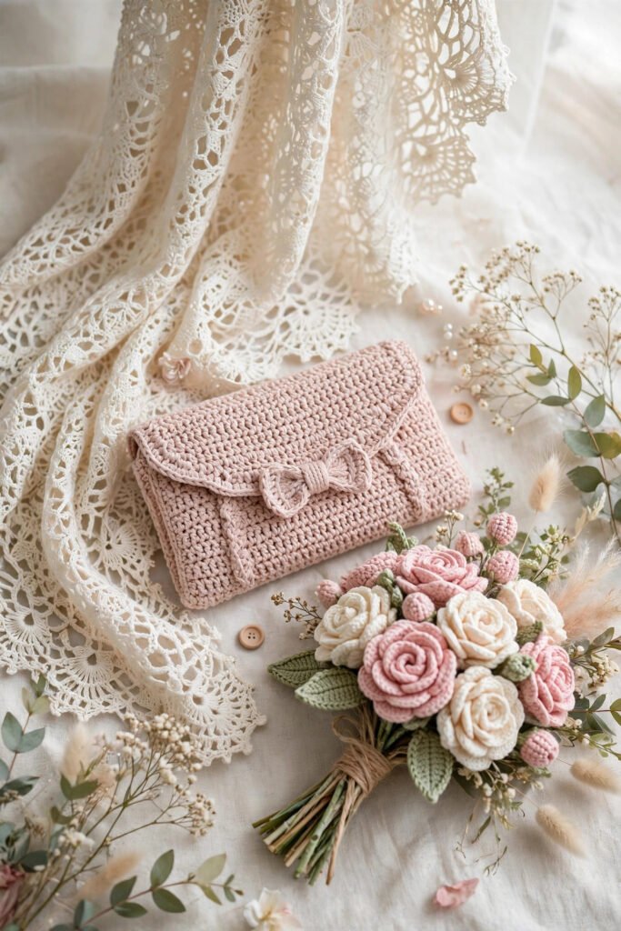 Crochet gifts for bridesmaids including an ivory lace shawl, blush clutch and crochet rose bouquet