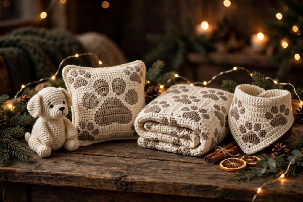 Crochet gifts for dog lovers — amigurumi puppy, paw-print pillow and dog bandana on a wooden table