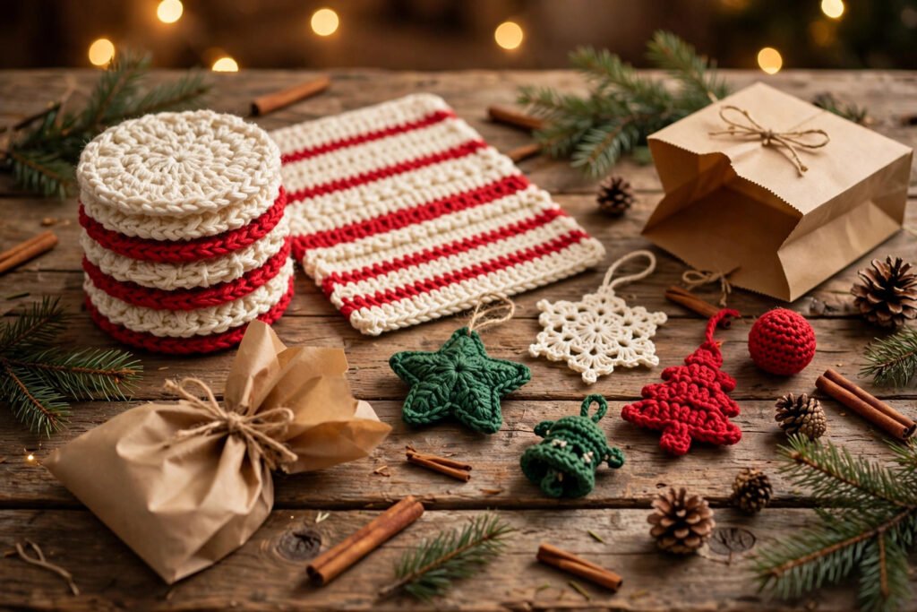 crochet gifts for neighbors — small handmade Christmas gifts wrapped in kraft paper and twine