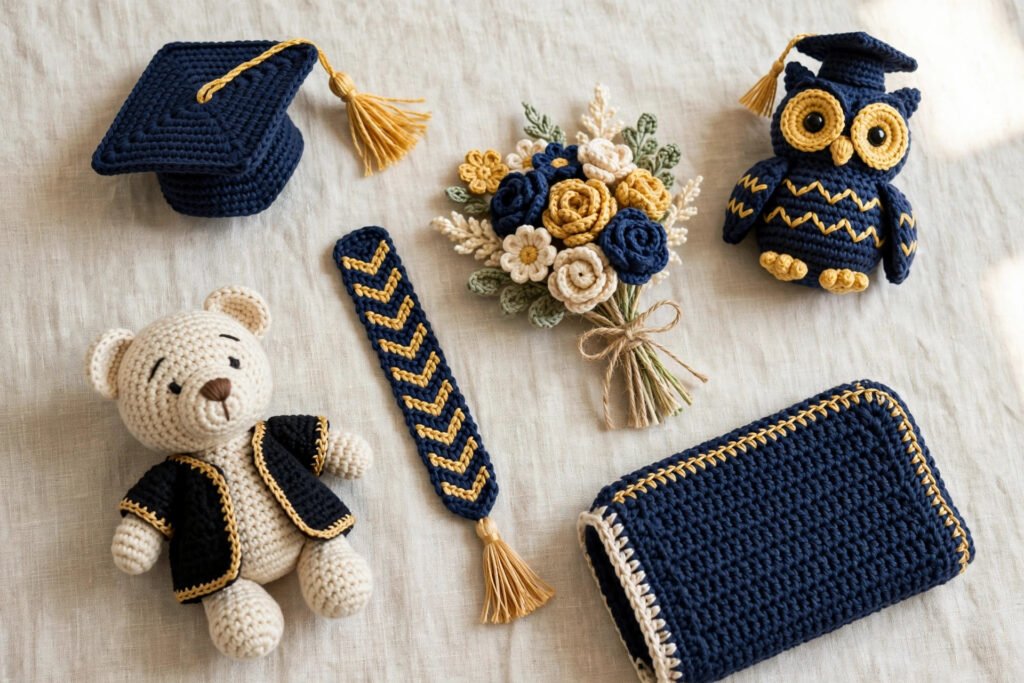 crochet graduation gifts in school colors — cap, gown doll and keepsakes