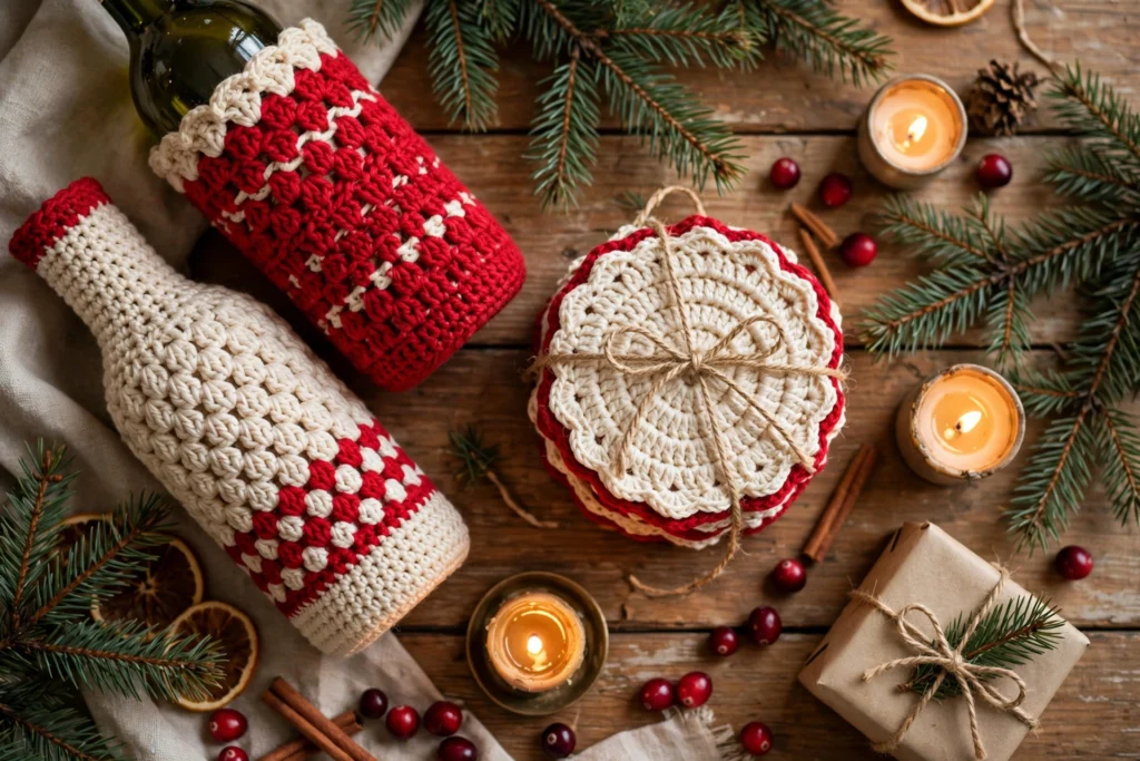 Crochet hostess gift set with wine bottle cozy, coasters, and washcloths on a holiday table