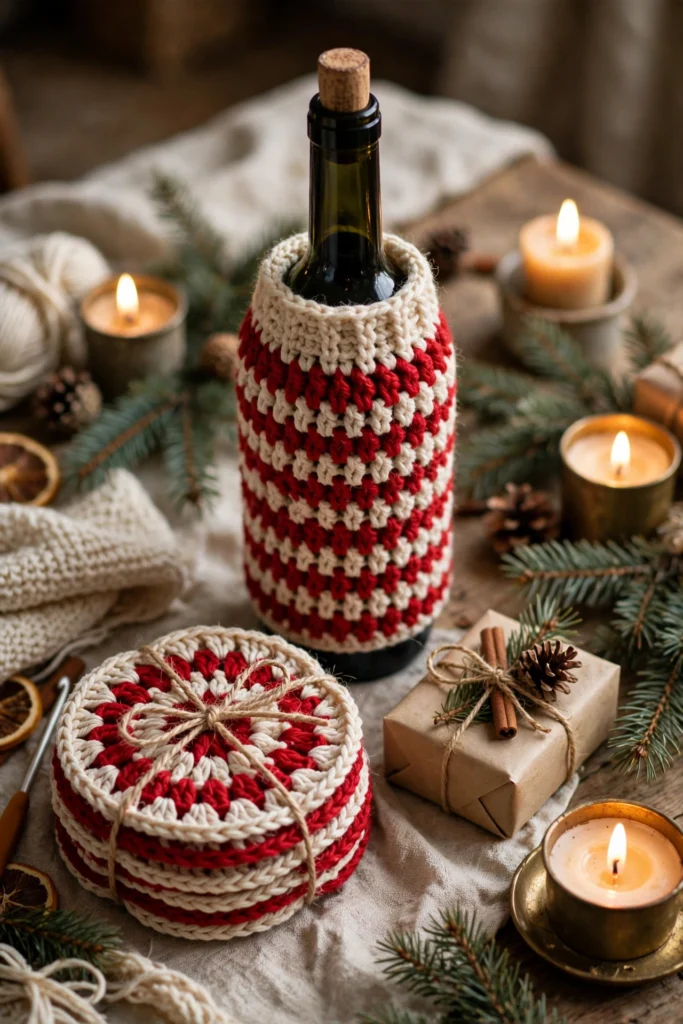 Crochet hostess gifts — wine cozy, coasters and table set — gift idea photo