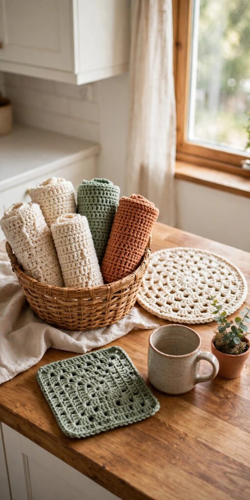 Crochet housewarming gifts — coasters, trivets and kitchen sets