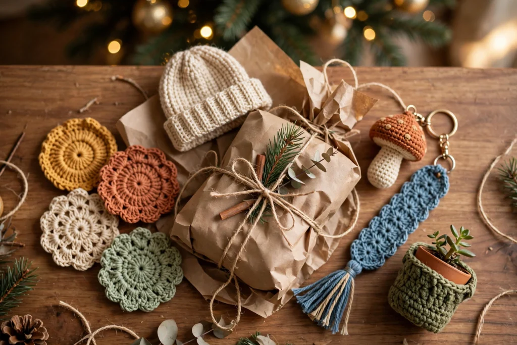 Crochet Secret Santa gifts under $15 — mug cozy, coasters, and keychain arranged for an office gift exchange