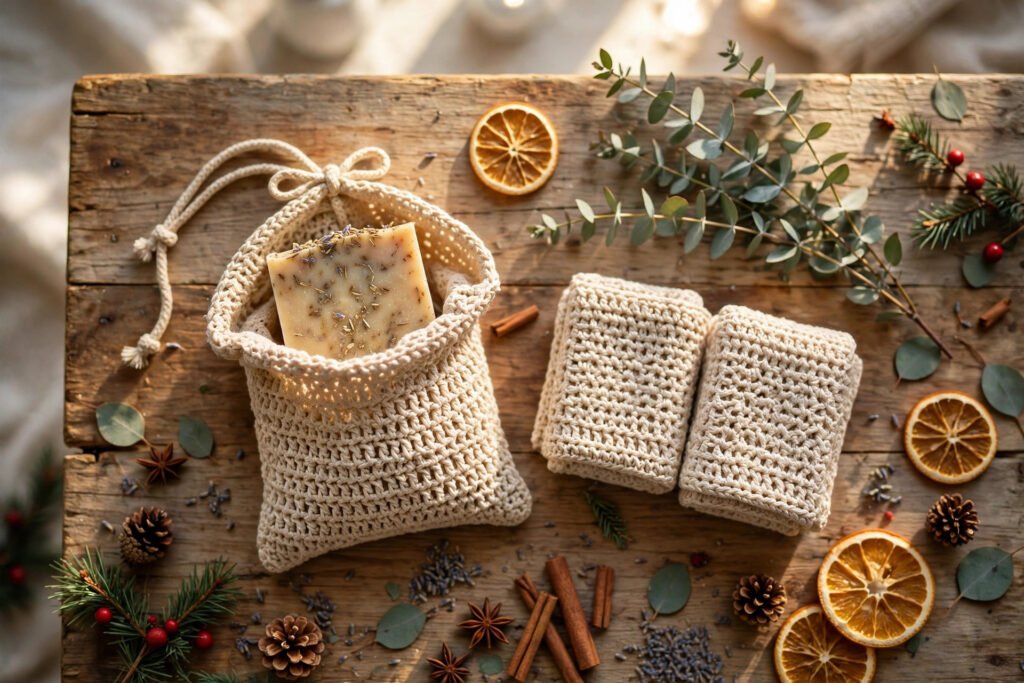 Crochet soap saver pouch holding a natural bar of soap, beside folded face scrubbies and a sprig of eucalyptus in a spa-like bathroom setting