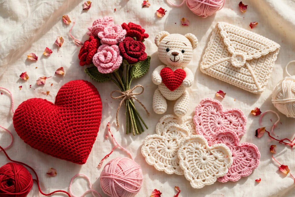 17 crochet Valentine's gifts — heart pillow, rose bouquet and amigurumi teddy