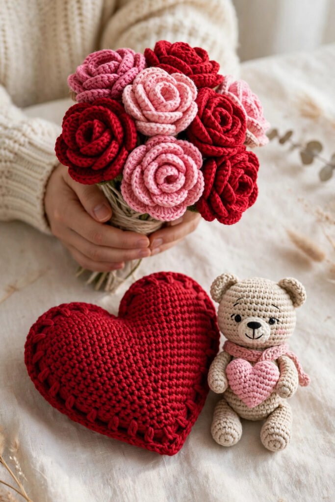 crochet Valentine's gifts portrait — heart pillow and roses flat lay