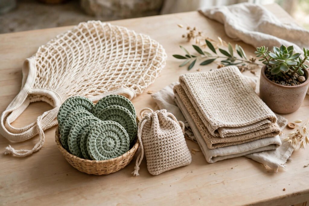 eco-friendly crochet gifts: cotton market bag, reusable face scrubbies, soap saver and dishcloths on a wooden table