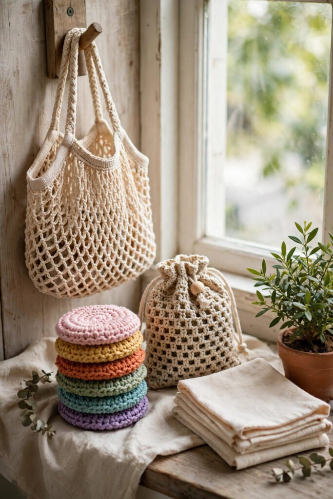 eco-friendly crochet gifts portrait flat lay of reusable crochet gifts