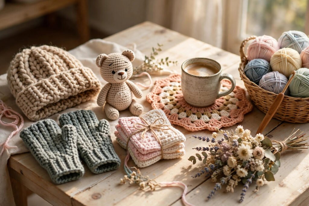 Free crochet patterns for gifts laid out on a wooden table — beanie, gloves, amigurumi bear, washcloths and flower bouquet