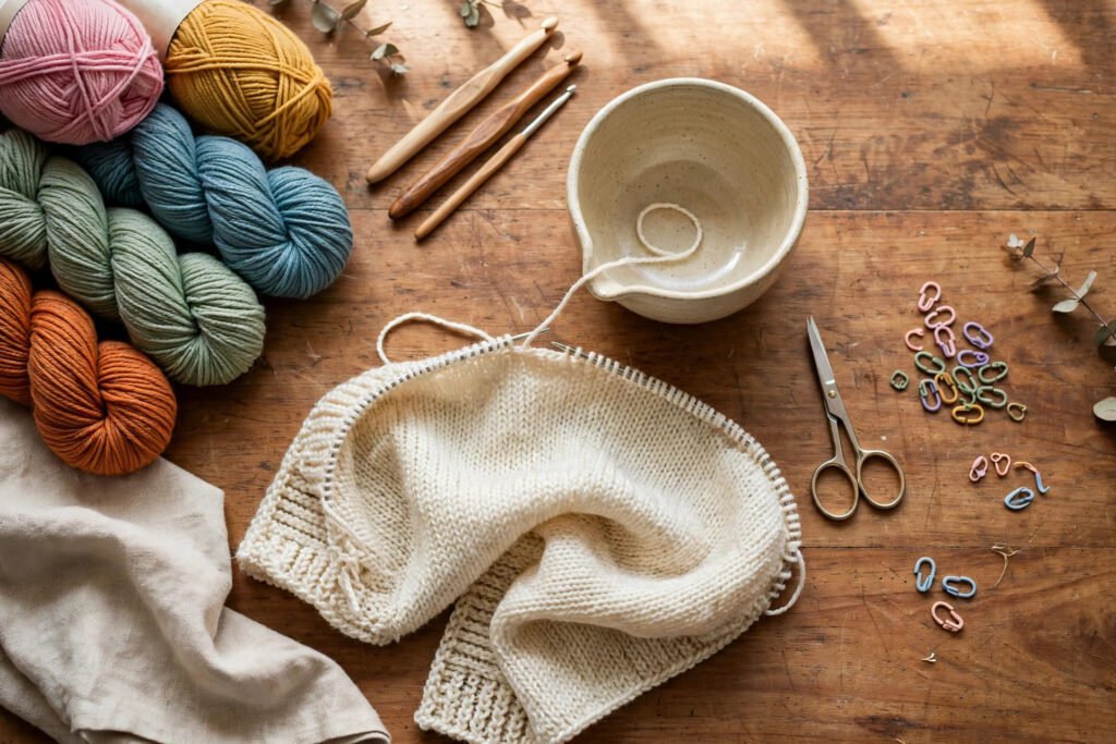 gifts for crocheters — crochet hooks, yarn skeins and a yarn bowl arranged as gift ideas