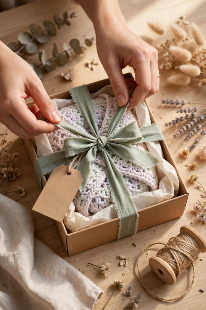 tying a ribbon around a packaged crochet gift box