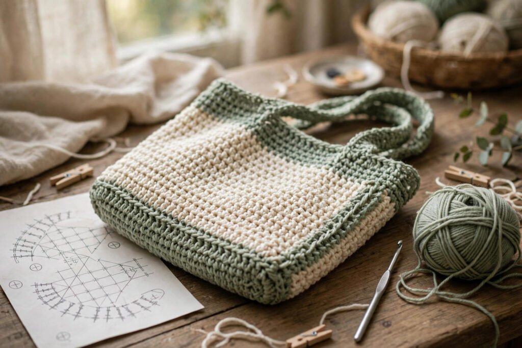 Real finished crochet tote bag with yarn and hook on a wooden table — how to spot fake crochet patterns