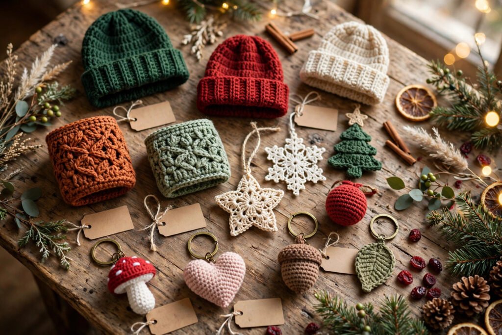 Quick crochet gifts to make and sell: assorted handmade crochet Christmas gifts with kraft price tags on a rustic wooden craft-market table